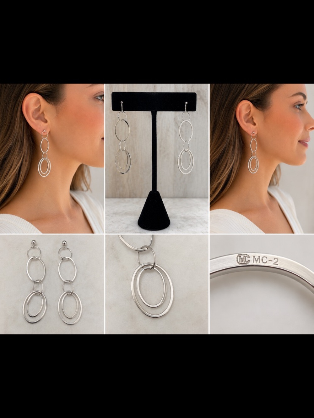14K White Gold Italy Geometric Dangle Earrings 3.09g Modern Oval Link